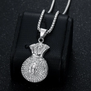Collier pendentif sac d'argent serti de strass avec signe dollar et chaîne box