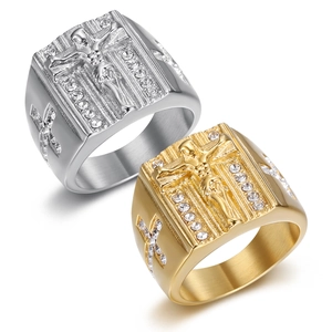 Vintage Edelstahl Jesus Kruzifix Kreuz Ring Für Herren Gold Silber Galvanisiert Hip Hop Strass Eingelegt Quadratisch Siegelring Religiöser Schmuck