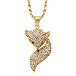 Collier hip-hop avec pendentif renard doré serti de strass blancs et chaîne à perles