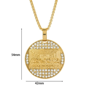 Detailed view of gold plated Last Supper pendant with dual rhinestone border and dimensions