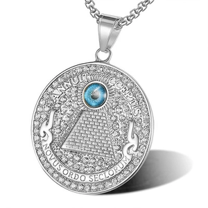 Stainless steel Eye of Providence pendant necklace with white zircons and Latin engraving