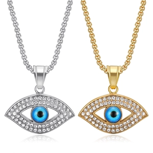 Collier Pendentif Mauvais Œil Hip Hop Acier Inoxydable Plaqué Or Oeil Bleu Strass Incrusté Bijoux Mode de Rue Hommes Femmes