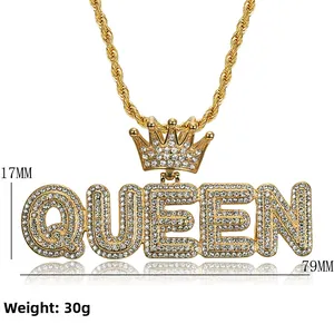 Detail view of gold-plated QUEEN letter pendant necklace with 17mm x 79mm size measurements