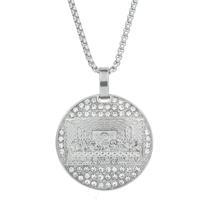 Silver stainless steel Last Supper pendant with white rhinestones on box chain