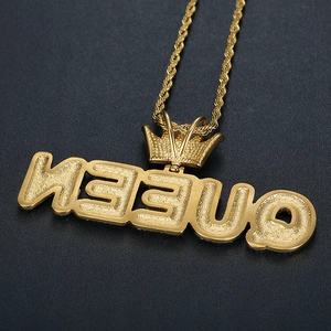 Golden stainless steel QUEEN letter pendant necklace with crown on black background