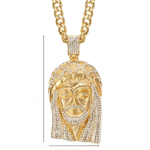 Detailed view of gold-plated Jesus pendant with white diamonds, size 86mm by 41mm