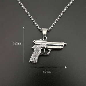 M1911 pistol pendant necklace in silver steel with rhinestone inlay on a square pearl chain