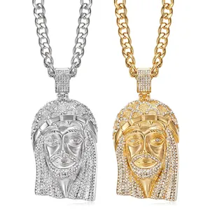 Hip Hop Stainless Steel Jesus Piece Pendant Necklace For Men Pave Rhinestone Religious Jewelry Gold Silver Cuban Link Chain