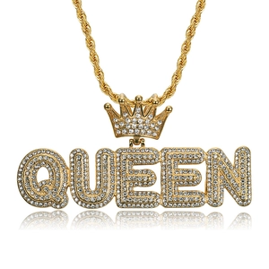 Iced out gold QUEEN pendant necklace with crown and sparkling stones on rope chain