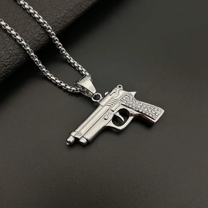 Hip-hop silver tone M1911 pistol pendant necklace with sparkling rhinestone accents