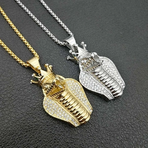 Collier Pendentif Cobra Couronne Égyptienne Hip Hop Acier Inoxydable Plaqué Or Strass Pendentif Serpent Bijoux Unisexe