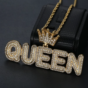 Hip-hop style gold-plated QUEEN letter pendant necklace with crown and iced out rhinestones