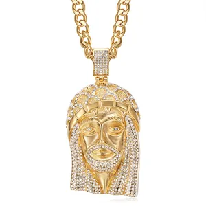Hip hop gold plated stainless steel Jesus head pendant necklace with iced out crystals