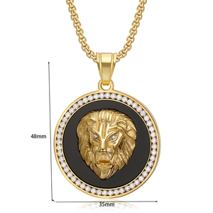 Detail view of lion head pendant with micro-paved zircons and 48x35mm size markings