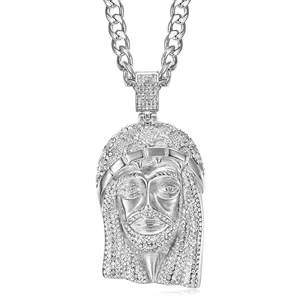 Silver Jesus piece pendant necklace with iced out stones and curb chain for men