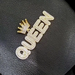 Gold plated stainless steel QUEEN pendant necklace with crown and sparkling crystals