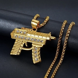 Hip Hop Titanium Steel Machine Gun Pendant Necklace Men Gold Silver Plated Rhinestone Inlaid Uzi Shape Punk Jewelry