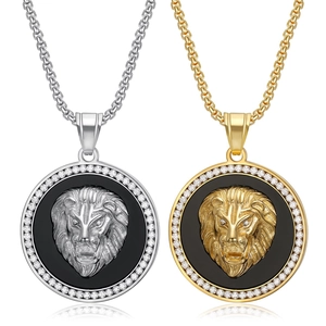 Hip Hop Lion Head Pendant Necklace For Men Titanium Steel Gold Plated Rhinestone Inlaid Round Badge Animal Jewelry Gift