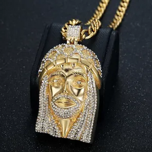 Gold plated Jesus head pendant necklace with full crystals and thick Cuban chain