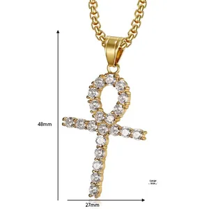 Großer Ankh Kreuz Anhänger 48mm Höhe in Gold mit funkelnden Zirkonia Steinen besetzt