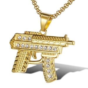 Hip hop gold plated submachine gun pendant necklace with sparkling white rhinestones