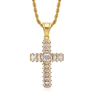 316L gold plated stainless steel cross necklace with AAA rectangular zircon inlay
