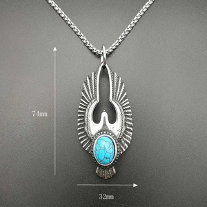 Retro 316L stainless steel eagle necklace with turquoise inlay and detailed feather texture
