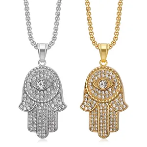 Hamsa Hand Evil Eye Pendant Necklace Titanium Steel Rhinestone Hand Of Fatima Religious Jewelry Necklace For Women Men