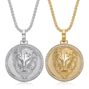 Collier Pendentif Tête de Lion Hip Hop en Acier Inoxydable pour Hommes Bijoux Pendentif Tête de Lion en Strass Glacé