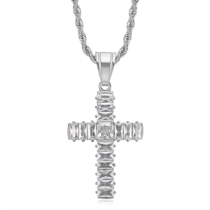 Silver stainless steel cross pendant necklace with rectangular AAA zircon and rope chain