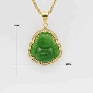 Pendentif Bouddha Maitreya en résine verte avec cristaux et chaîne en acier doré inoxydable