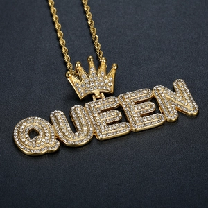 Hip Hop Queen Letter Crown Pendant Necklace Stainless Steel Full Rhinestone Pave Iced Out Gold Silver Party Unisex Jewelry