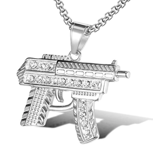 Hip-hop silver submachine gun pendant necklace with sparkling rhinestones on box chain