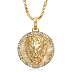 Pendentif tête de lion plaqué or avec chaîne box, bijoux hip hop lion couronne homme