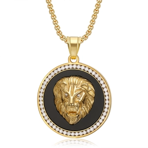 Hip hop lion head necklace with gold plated stainless steel and pavé set cubic zirconia