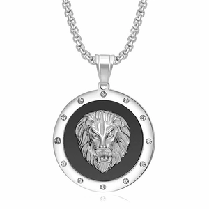 Collana hip hop con pendente a testa di leone argento e strass su catena box