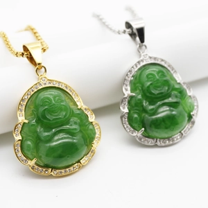 Détails des pendentifs Bouddha Maitreya en or et argent avec résine verte et zircons