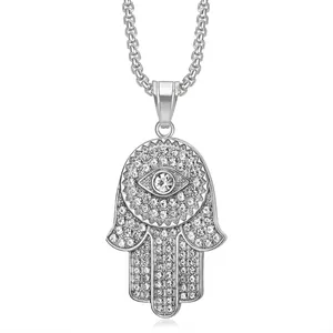 Hamsa hand necklace in silver plated titanium steel with sparkling crystal pavé stones