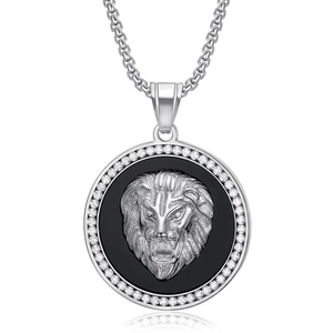 Hip hop lion head pendant with micro-pave crystals and silver wheat chain