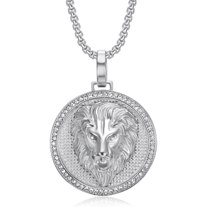 Collier hip-hop avec pendentif tête de lion en argent et strass étincelants