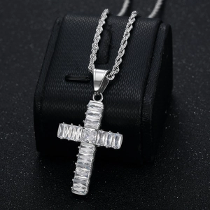 316L stainless steel cross necklace with AAA rectangular zirconia on twisted chain