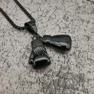 Collier avec pendentif double gant de boxe en acier inoxydable noir poli et chaîne