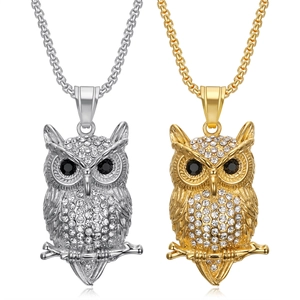Hip Hop Edelstahl Eule Anhänger Halskette Iced Out Strass Eule Tier Schmuck Für Herren Damen Gold Silber Vergoldet