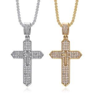 Hip Hop Edelstahl Kreuz Anhänger Halskette Für Herren Damen Vergoldet Strass Christentum Religiöser Schmuck Geschenk