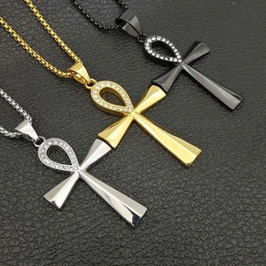 Collier Pendentif Croix Ankh Hip Hop en Acier Inoxydable Plaqué Or Avec Strass Symbole De Vie Égyptien Pour Hommes Femmes
