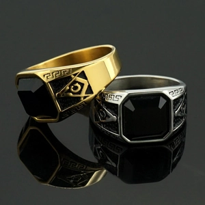 Bague Symbole de la Franc-maçonnerie Rétro pour Hommes Acier Inoxydable Or Argent Noir Pierre en Verre Carrée Bijoux
