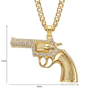 Κολιέ hip hop με επίχρυσο περίστροφο από ανοξείδωτο ατσάλι και λαμπερά διακοσμητικά στρας
