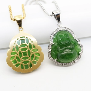 Pendentifs Bouddha rieur en acier inoxydable avec résine verte et petits strass