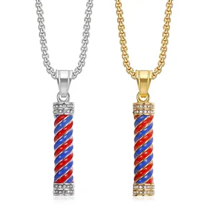 Hip Hop Edelstahl Barbierstange Anhänger Halskette Mit Strass Rotierenden Friseursalon Zeichen Schmuck Für Herren Damen Geschenke
