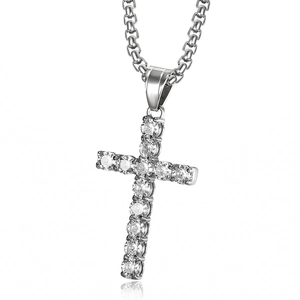 Hip hop silver steel cross pendant necklace with cubic zirconia and box chain
